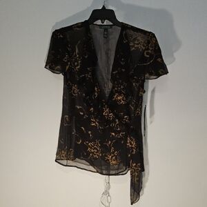 Lauren Ralph Lauren Black and Gold Wrap Blouse (1188)